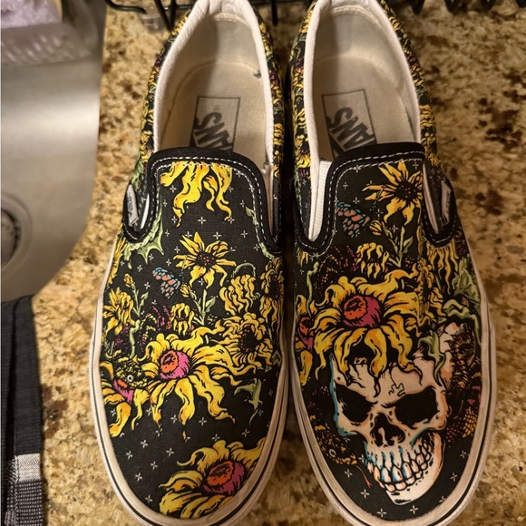 Vans Shoes - Vans Black Slip-On with Skull and Floral Design
